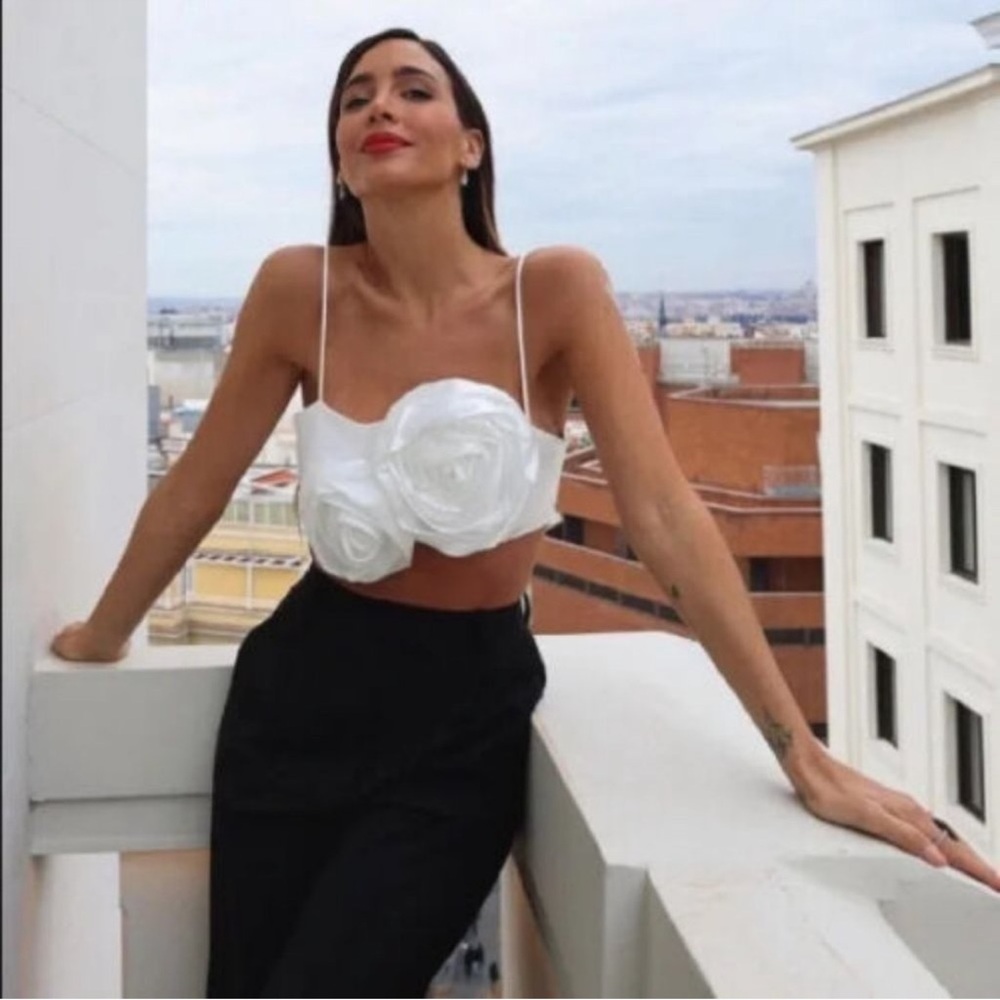 Zara White Satin Floral Flower Spaghetti Strap Crop Top